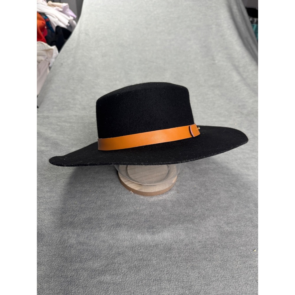 Gigi Pip Black 100% Australian Wool Wide Brim Fedora Hat with Tan Leather Band